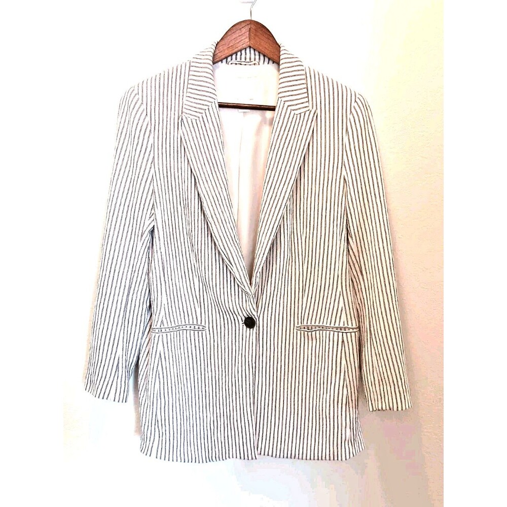 H&M Pinstripe Blazer Women's Sz 12 White Navy Striped Single Button Cotton Blend